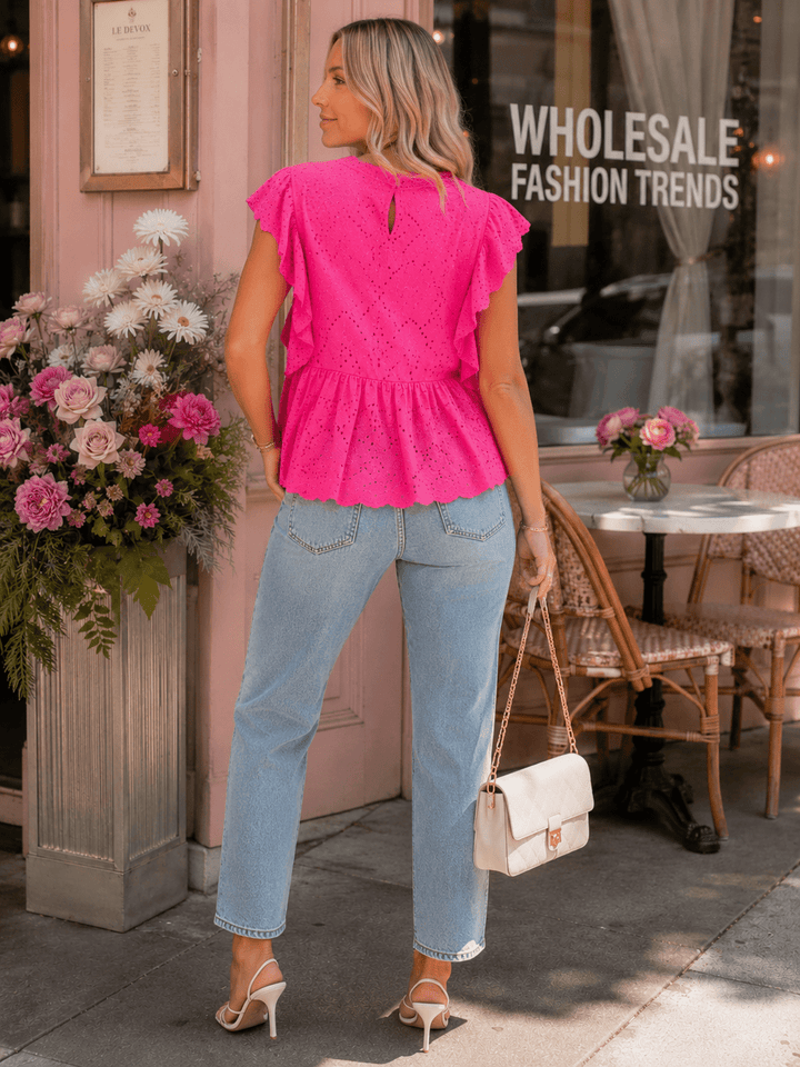 WOMEN'S RUFFLE SLEEVE TIERED EYELET TOP