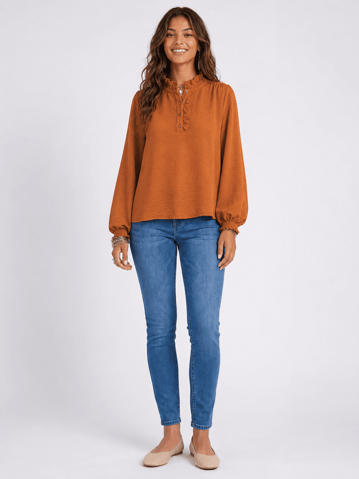 WOMEN'S LONG SLEEVE RUFFLE NECK BUTTON UP BLOUSE