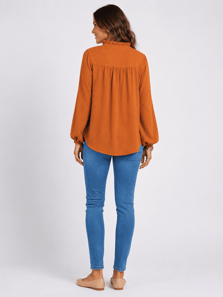 WOMEN'S LONG SLEEVE RUFFLE NECK BUTTON UP BLOUSE