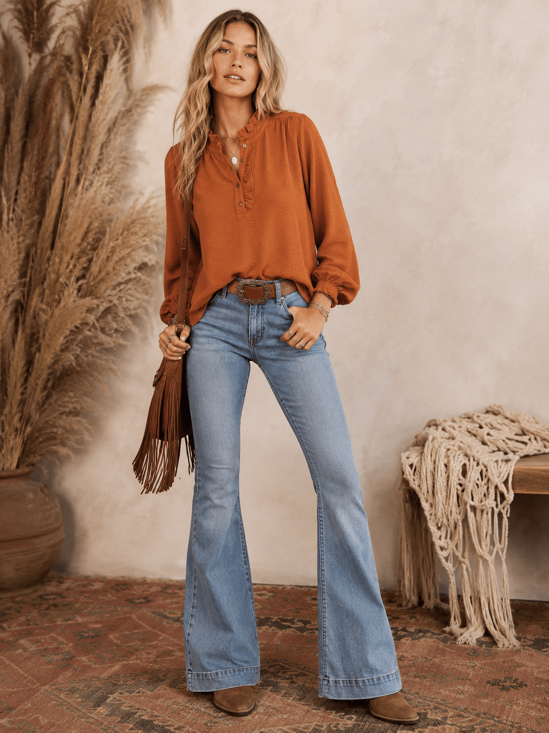 WOMEN'S LONG SLEEVE RUFFLE NECK BUTTON UP BLOUSE