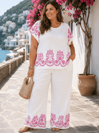 PLUS SIZE SHORT SLEEVE BLOUSE & ELASTIC WAIST PANTS MULTI PRINT 2PC. SET