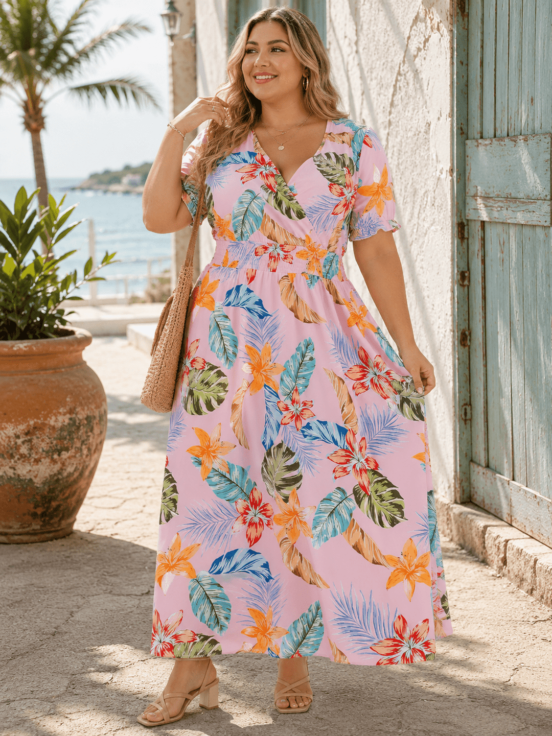 PLUS SIZE SHORT SLEEVE SURPLICE SMOCK WAIST FLORAL MAXI DRESS