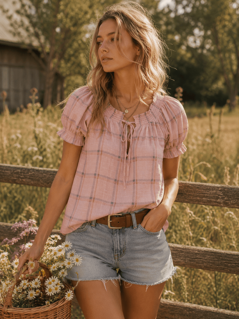 WOMEN'S SHORT PUFF SLEEVE V-NECK BUTTON UP PLAID BLOUSE