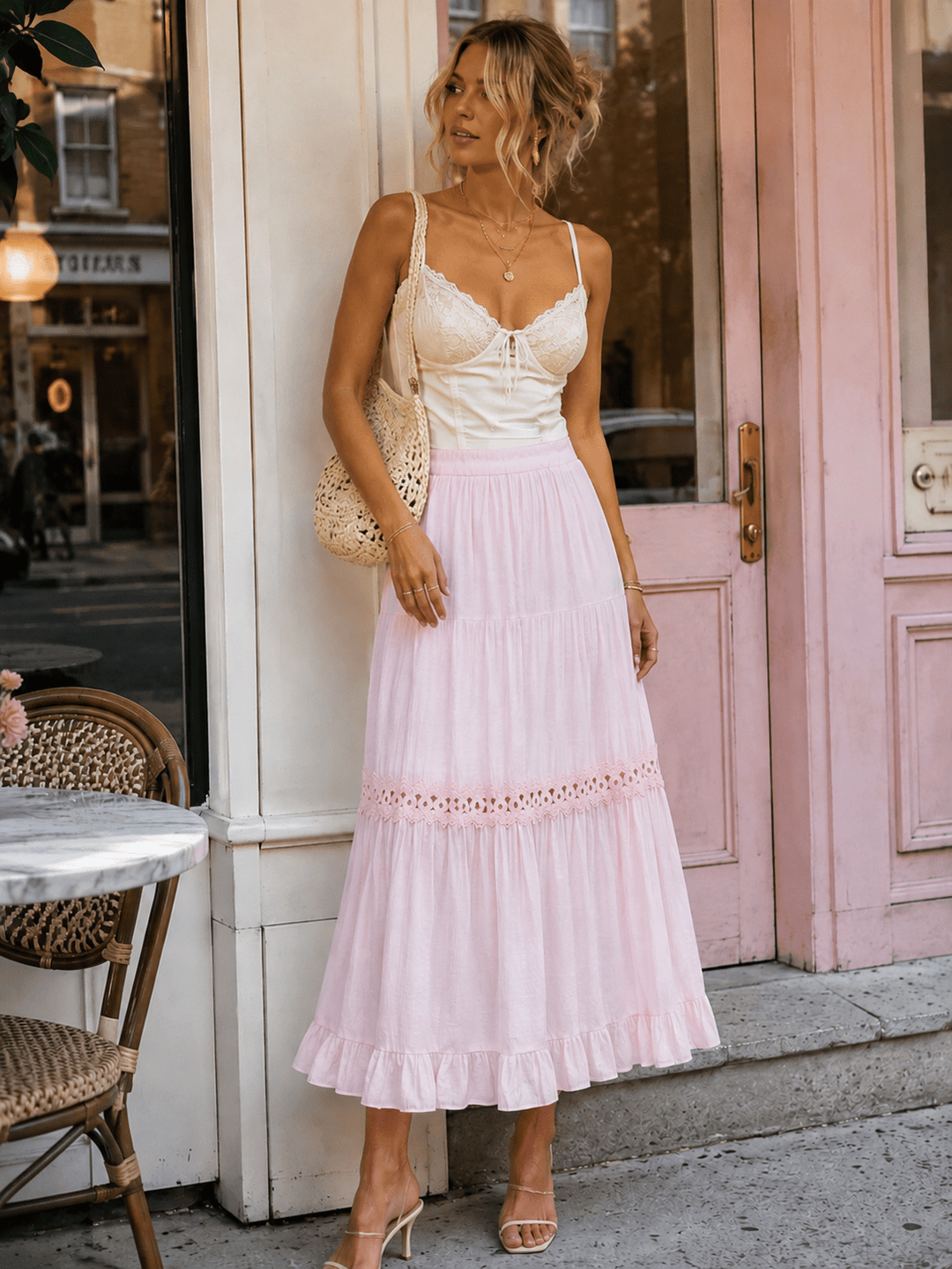 WOMEN'S ELASTIC WAIST TIERED CROCHET MAXI SKIRT