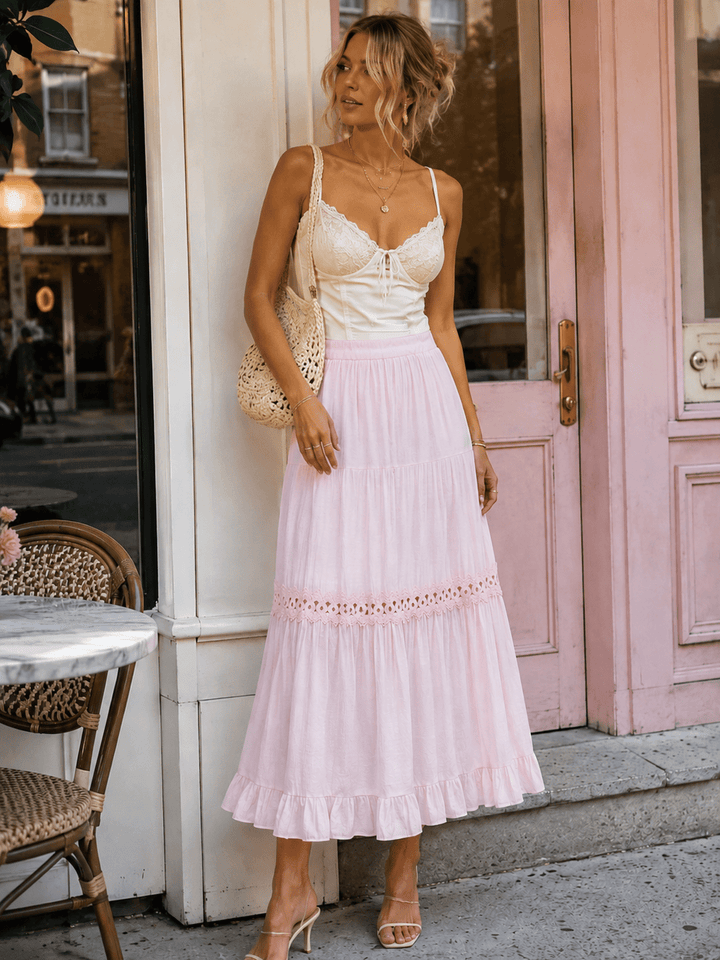 WOMEN'S ELASTIC WAIST TIERED CROCHET MAXI SKIRT