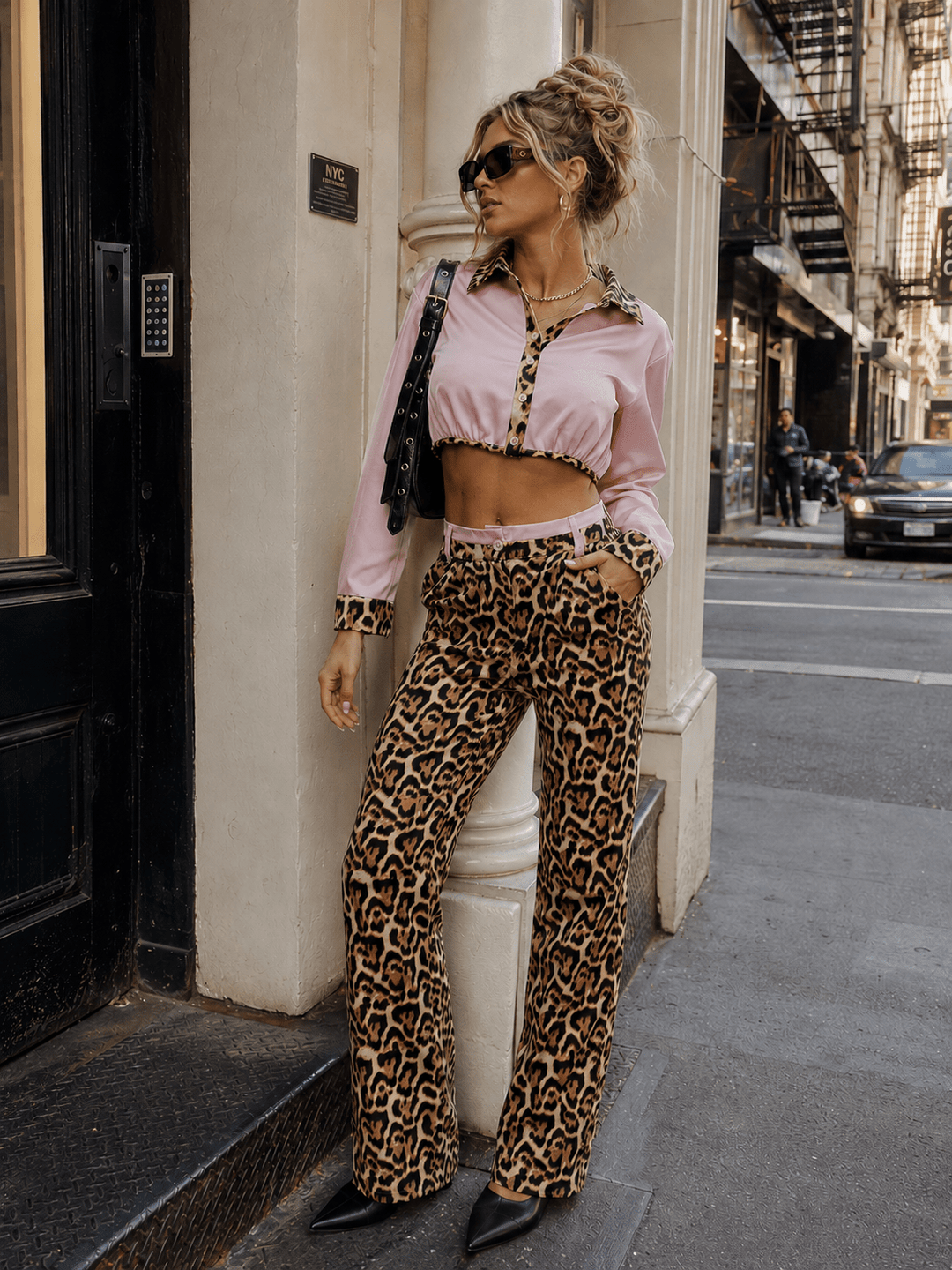 WOMEN'S LONG SLEEVES BUTTON UP TOP & ELASTIC WAIST POCKETS STRAIGHT LEG PANTS ANIMAL PRINT 2PC. SET