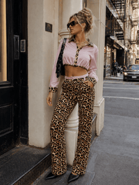 WOMEN'S LONG SLEEVES BUTTON UP TOP & ELASTIC WAIST POCKETS STRAIGHT LEG PANTS ANIMAL PRINT 2PC. SET