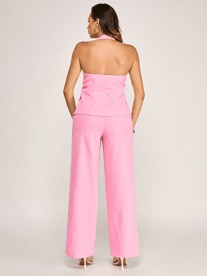 WOMEN'S HALTER NECK BUTTON CLOSURE TOP & BUTTON CLOSURE POCKETS WIDE LEG PANTS 2PC. SET