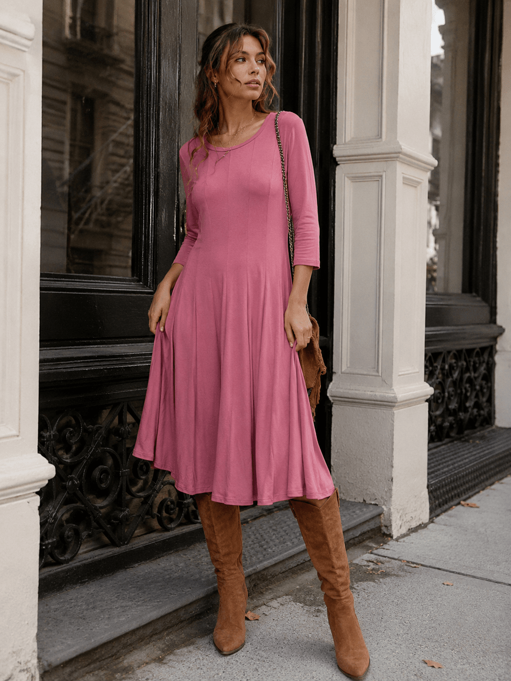 WOMEN'S 3/4 SLEEVE FIT & FLARE SOLID MIDI DRESS
