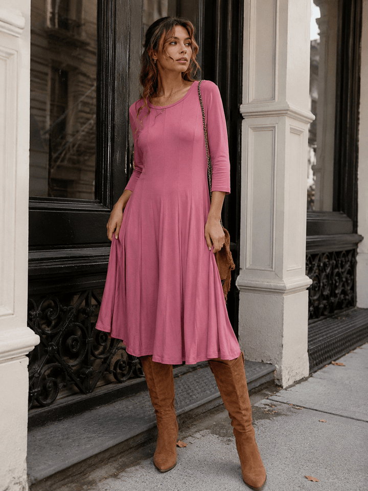 WOMEN'S 3/4 SLEEVE FIT & FLARE SOLID MIDI DRESS