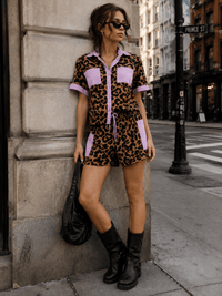 WOMEN'S SHORT SLEEVES BUTTON UP TOP & ELASTIC WAIST POCKETS SHORTS ANIMAL PRINT 2PC. SET