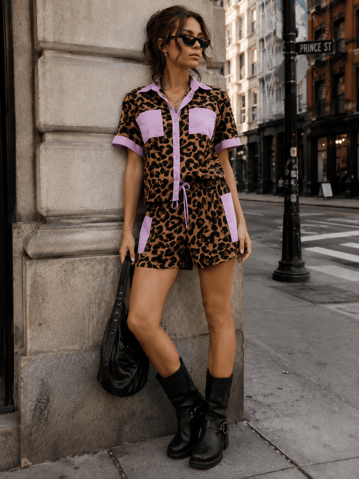 WOMEN'S SHORT SLEEVES BUTTON UP TOP & ELASTIC WAIST POCKETS SHORTS ANIMAL PRINT 2PC. SET