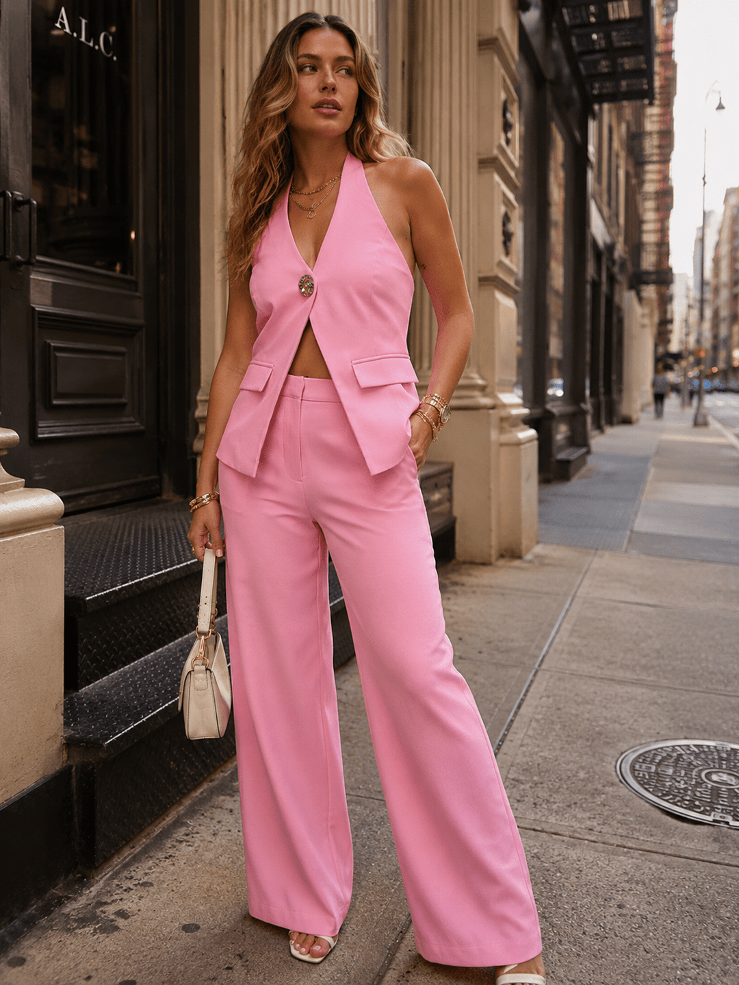 WOMEN'S HALTER NECK BUTTON CLOSURE TOP & BUTTON CLOSURE POCKETS WIDE LEG PANTS 2PC. SET