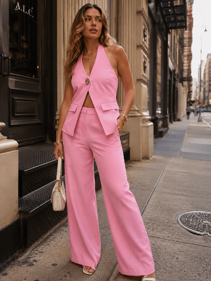 WOMEN'S HALTER NECK BUTTON CLOSURE TOP & BUTTON CLOSURE POCKETS WIDE LEG PANTS 2PC. SET