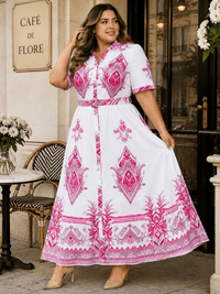 PLUS SIZE SHORT SLEEVE BUTTON UP BELTED MULTI PRINT MAXI DRESS