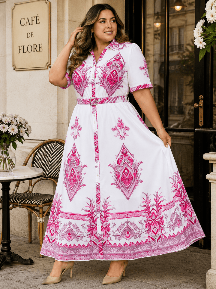 PLUS SIZE SHORT SLEEVE BUTTON UP BELTED MULTI PRINT MAXI DRESS