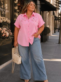 PLUS SIZE SHORT SLEEVE BUTTON UP FRONT POCKETS HIGH-LOW STUDS BLOUSE