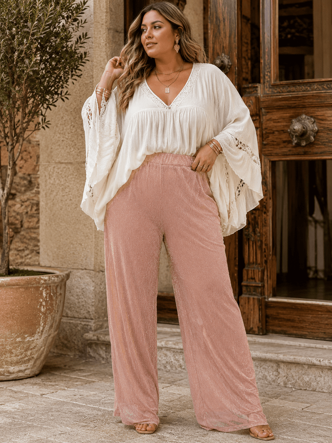 PLUS SIZE ELASTIC WAIST SHIMMER WIDE LEG PANTS