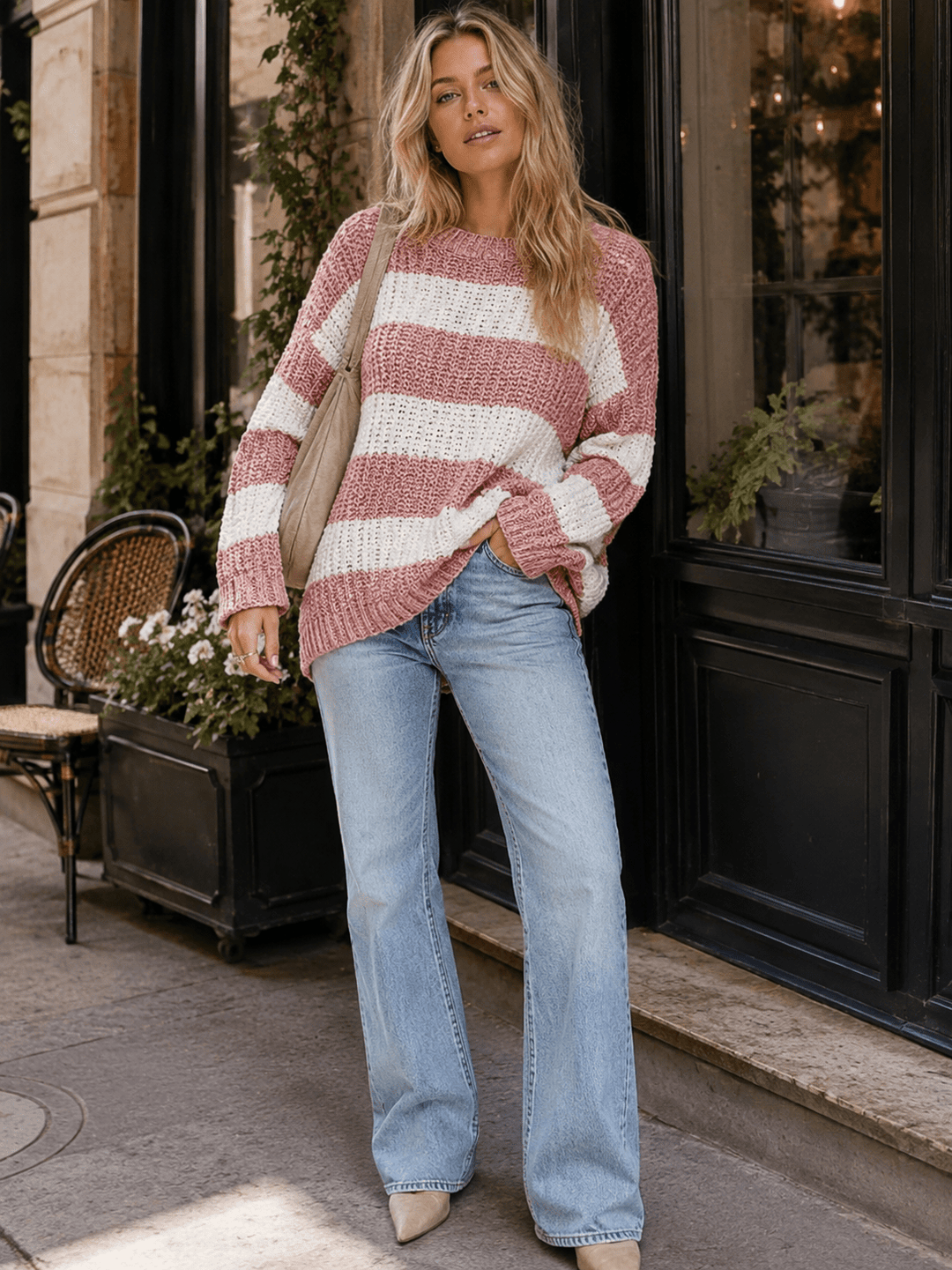 WOMEN'S LONG SLEEVE KNIT COLORBLOCK PULLOVER SWEATER