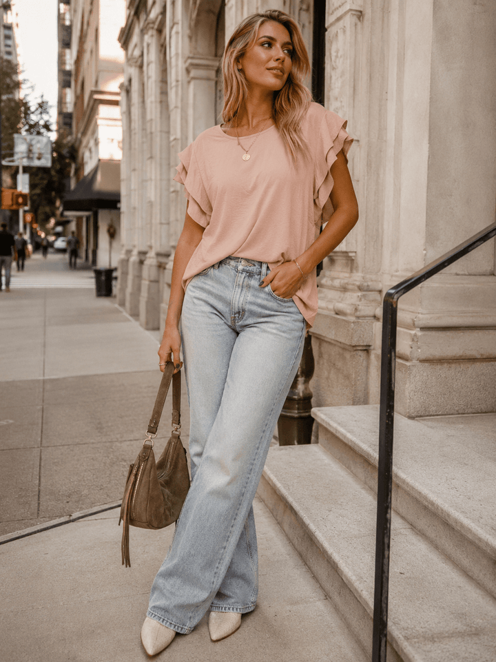 WOMEN'S RUFFLE SLEEVE SOLID LOOSE FIT BLOUSE
