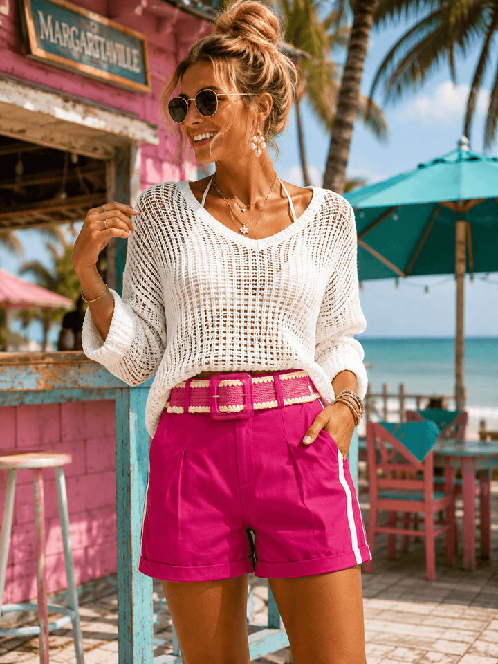 WOMEN'S BUTTON CLOSURE FRONT POCKETS BELTED MINI SHORTS