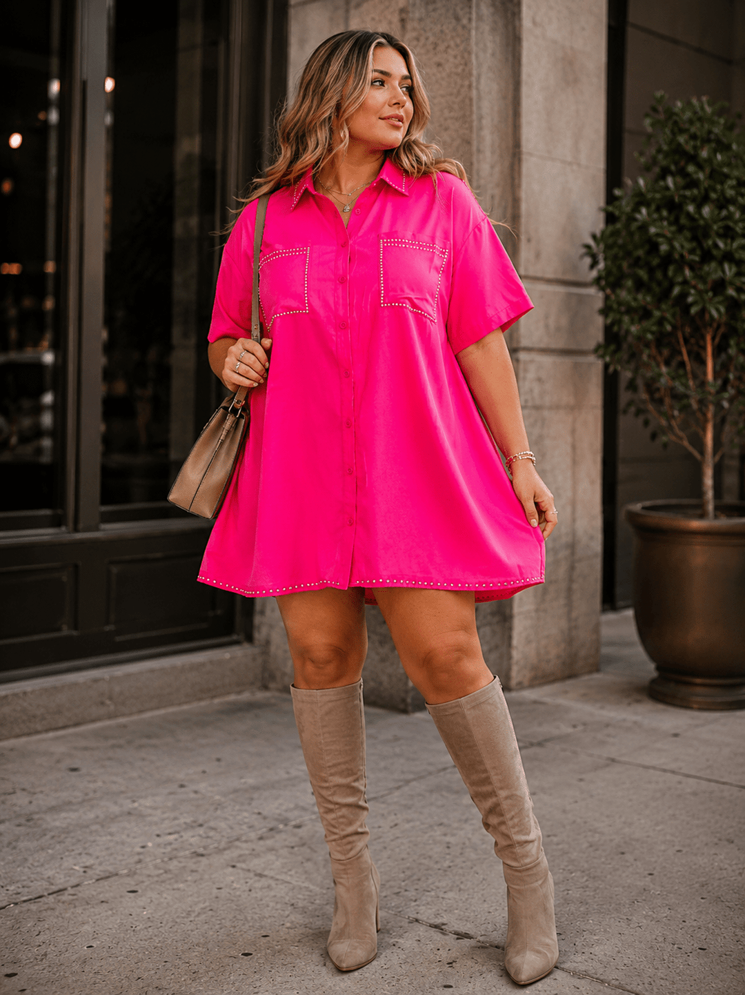PLUS SIZE SHORT SLEEVE BUTTON UP FRONT POCKETS STUDS DETAILED LOOSE FIT MINI DRESS