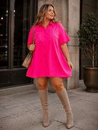 PLUS SIZE SHORT SLEEVE BUTTON UP FRONT POCKETS STUDS DETAILED LOOSE FIT MINI DRESS