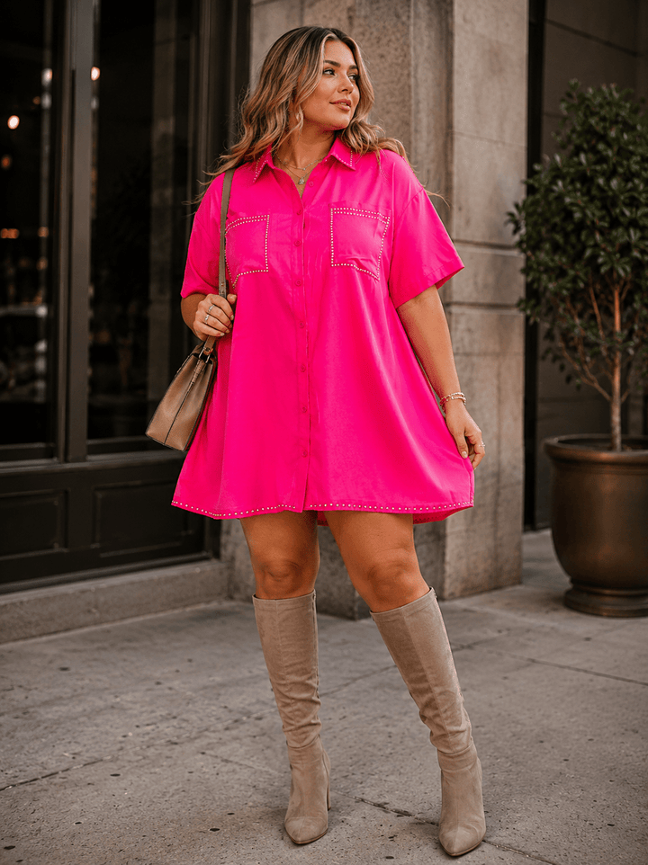 PLUS SIZE SHORT SLEEVE BUTTON UP FRONT POCKETS STUDS DETAILED LOOSE FIT MINI DRESS