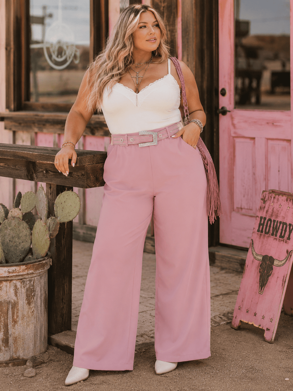 *******PLUS SIZE ELASTIC WAIST FRONT POCKETS BELTED WIDE LEG PANTS