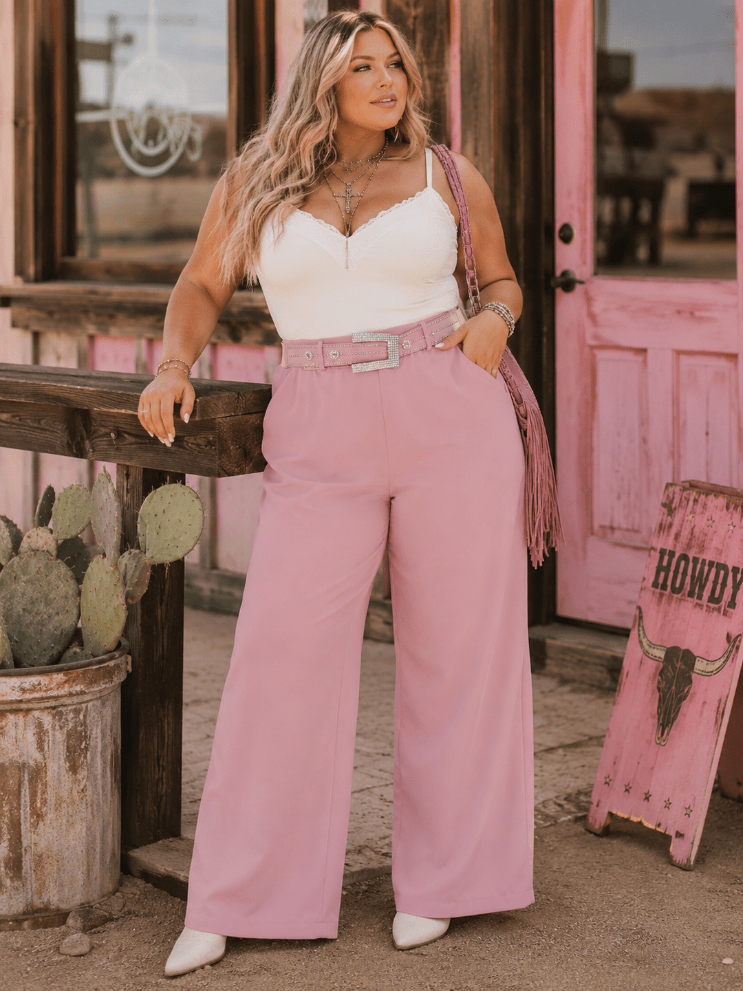 *******PLUS SIZE ELASTIC WAIST FRONT POCKETS BELTED WIDE LEG PANTS