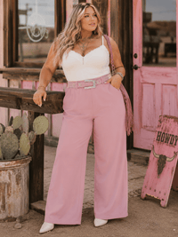 *******PLUS SIZE ELASTIC WAIST FRONT POCKETS BELTED WIDE LEG PANTS