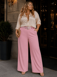 PLUS SIZE ELASTIC WAIST FRONT POCKETS BELTED WIDE LEG PANTS