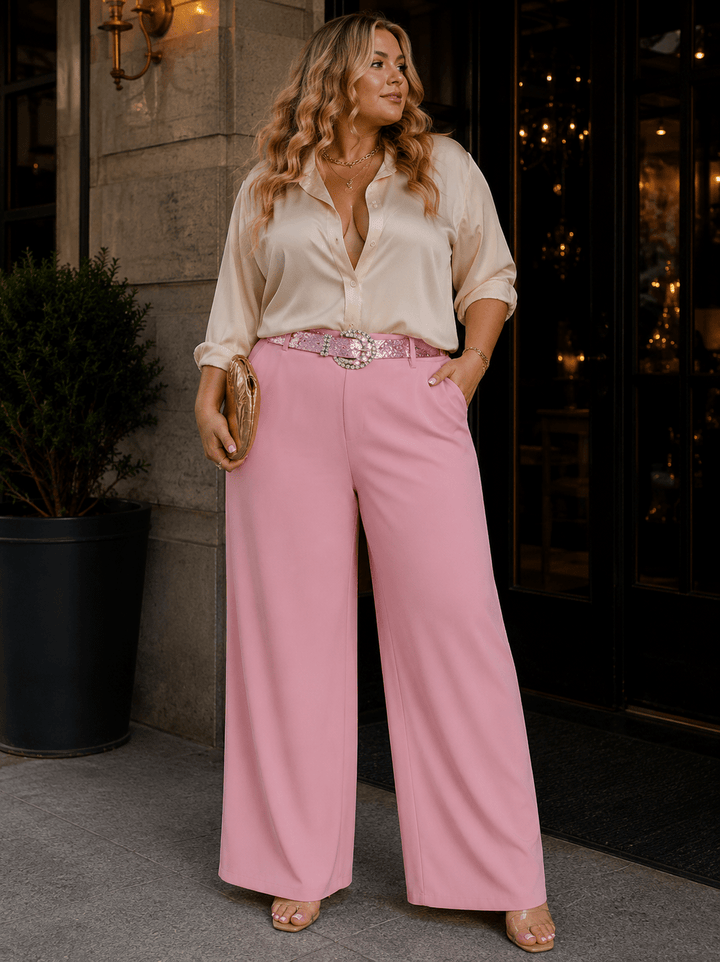 PLUS SIZE ELASTIC WAIST FRONT POCKETS BELTED WIDE LEG PANTS