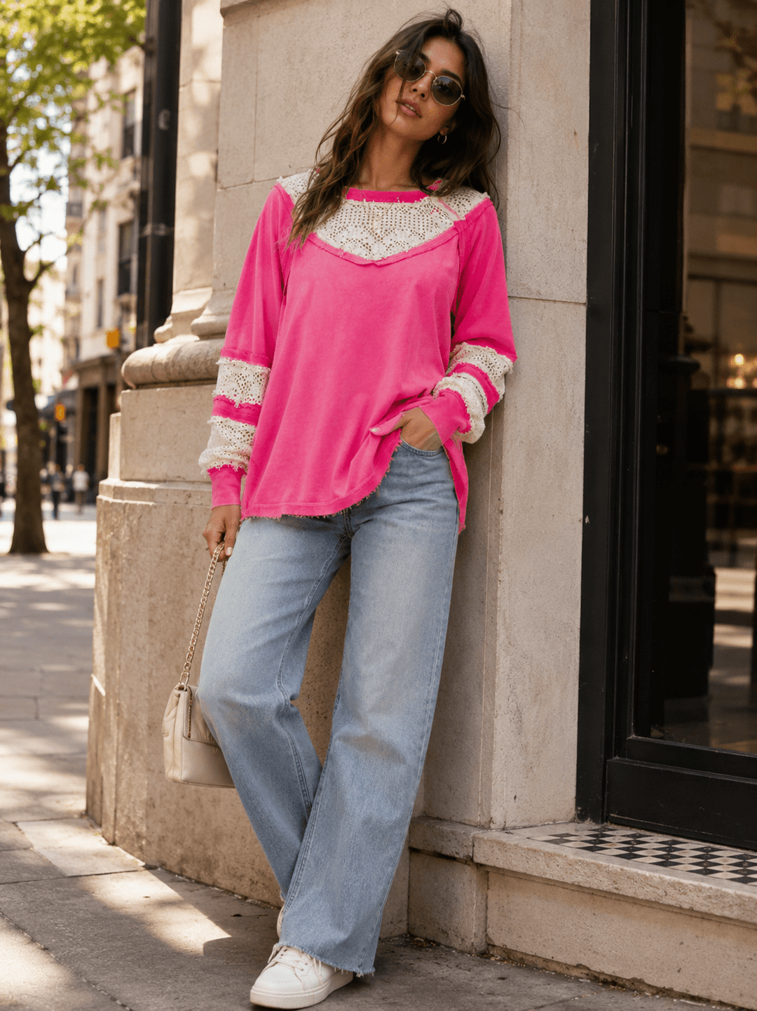 WOMEN'S LONG SLEEVE LOOSE FIT LACE WASHED CONTRAST TOP