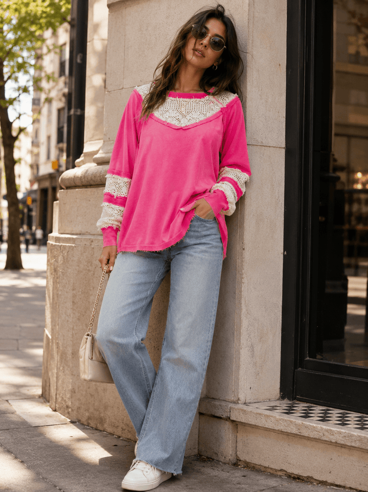 WOMEN'S LONG SLEEVE LOOSE FIT LACE WASHED CONTRAST TOP