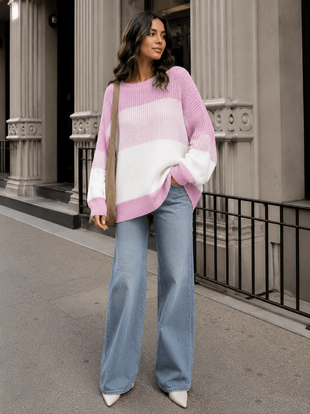 WOMEN'S LONG DETAILED SLEEVE COLORBLOCK KNIT PULLOVER SWEATER