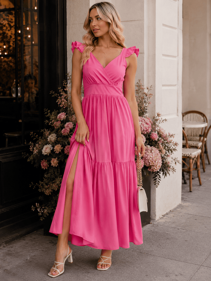 WOMEN'S SLEEVELESS SURPLICE SMOCK TIERED MAXI DRESS