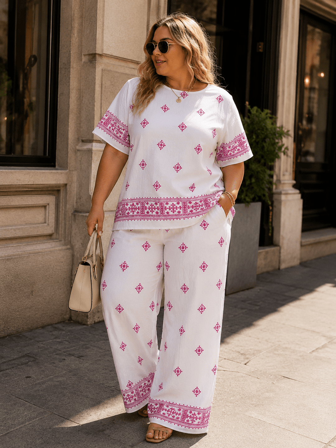 PLUS SIZE SHORT SLEEVE BLOUSE & ELASTIC WAIST PANTS MULTI PRINT 2PC. SET