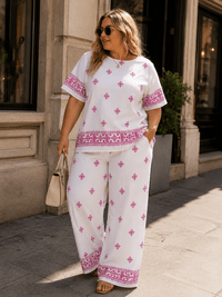 PLUS SIZE SHORT SLEEVE BLOUSE & ELASTIC WAIST PANTS MULTI PRINT 2PC. SET