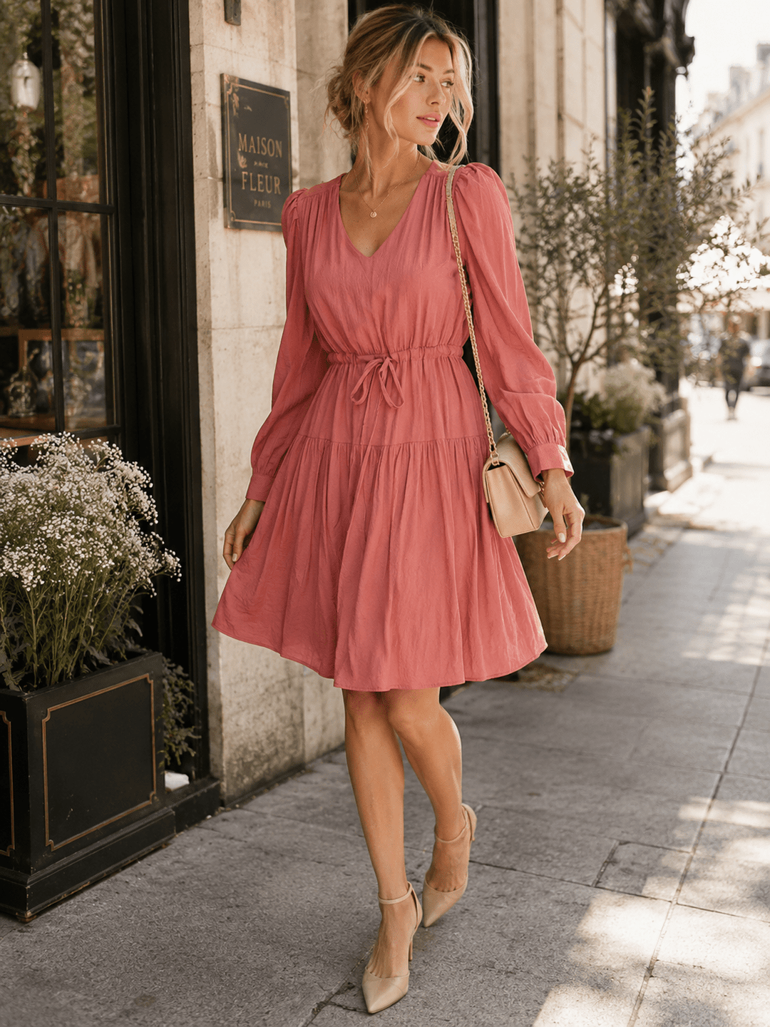 WOMEN'S LONG SLEEVE V-NECK FIT & FLARE TIERED MIDI DRESS