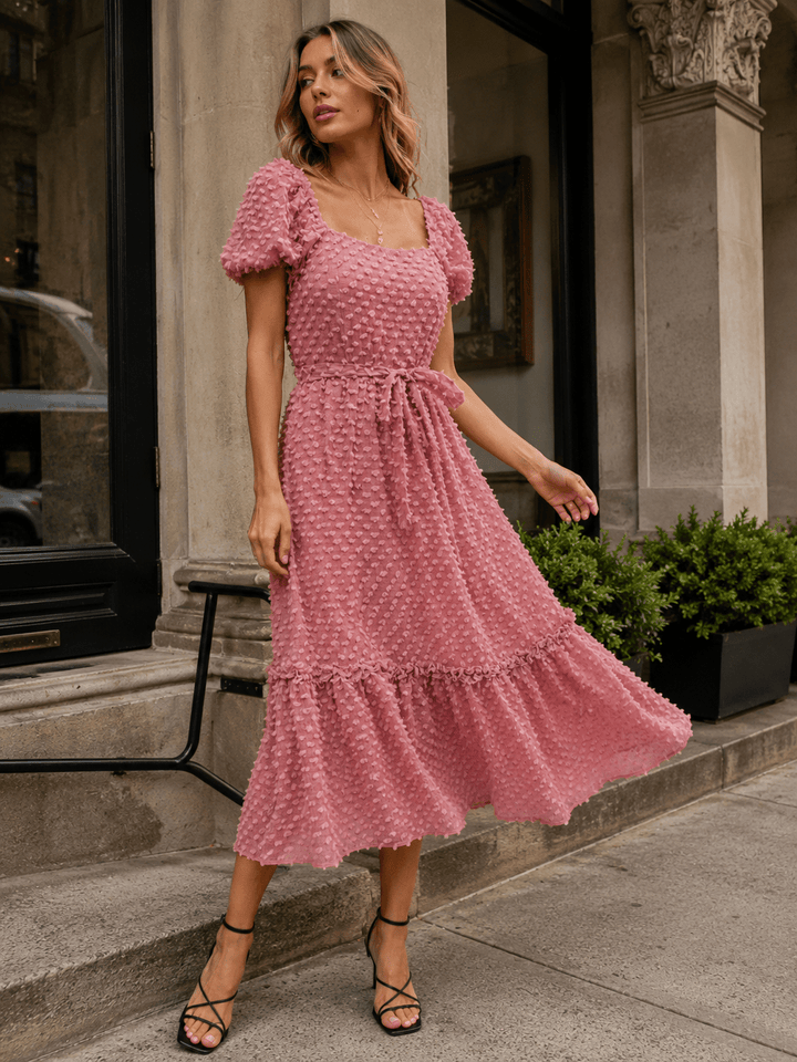 JUST ME WOMEN'S SHORT SLEEVE SQUARE NECK TIERED SWISS MAXI DRESS