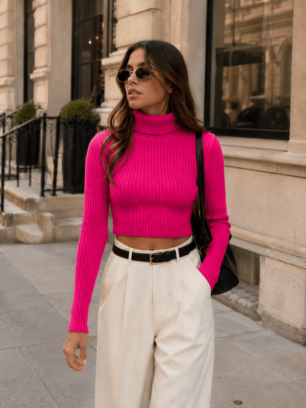 WOMEN'S LONG SLEEVE TURTLE NECK RIBBED CROP TOP