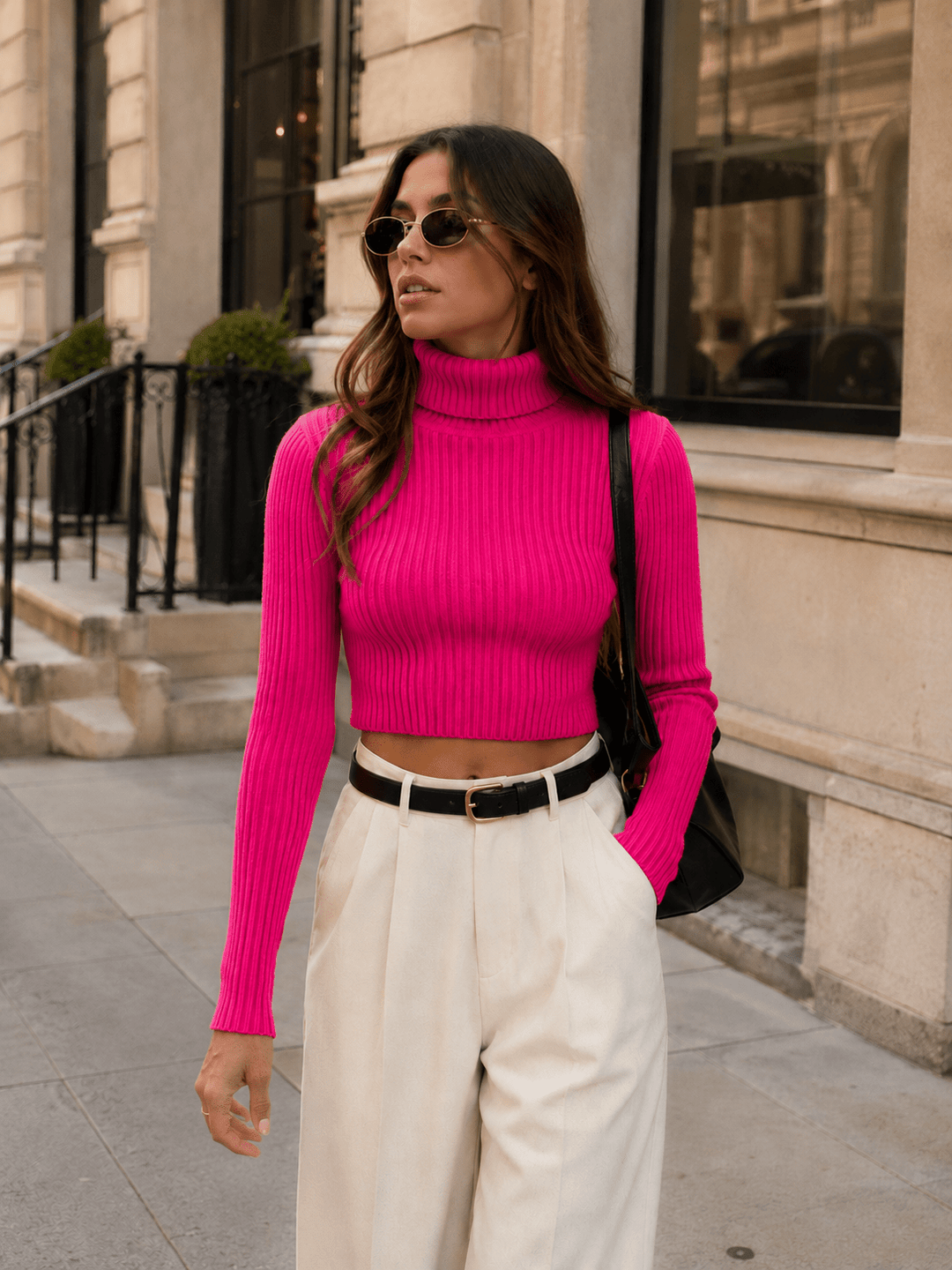 WOMEN'S LONG SLEEVE TURTLE NECK RIBBED CROP TOP