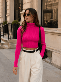 WOMEN'S LONG SLEEVE TURTLE NECK RIBBED CROP TOP