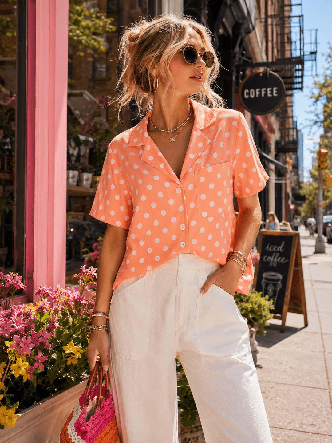 WOMEN'S SHORT SLEEVES FRONT POCKET V-NECK BUTTON UP POLKA DOTS BLOUSE