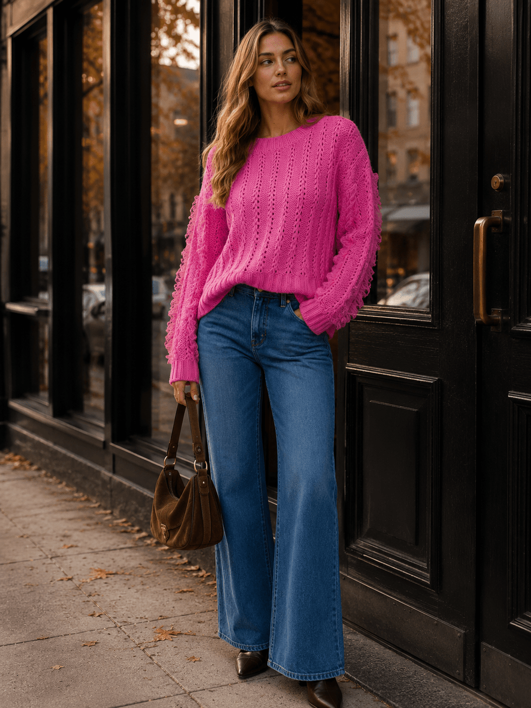 WOMEN'S LONG SLEEVE LACE TRIM KNIT PULLOVER SWEATER