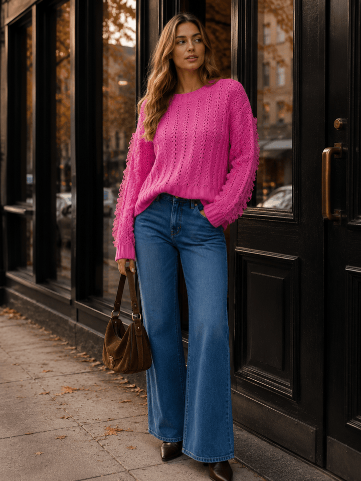 WOMEN'S LONG SLEEVE LACE TRIM KNIT PULLOVER SWEATER