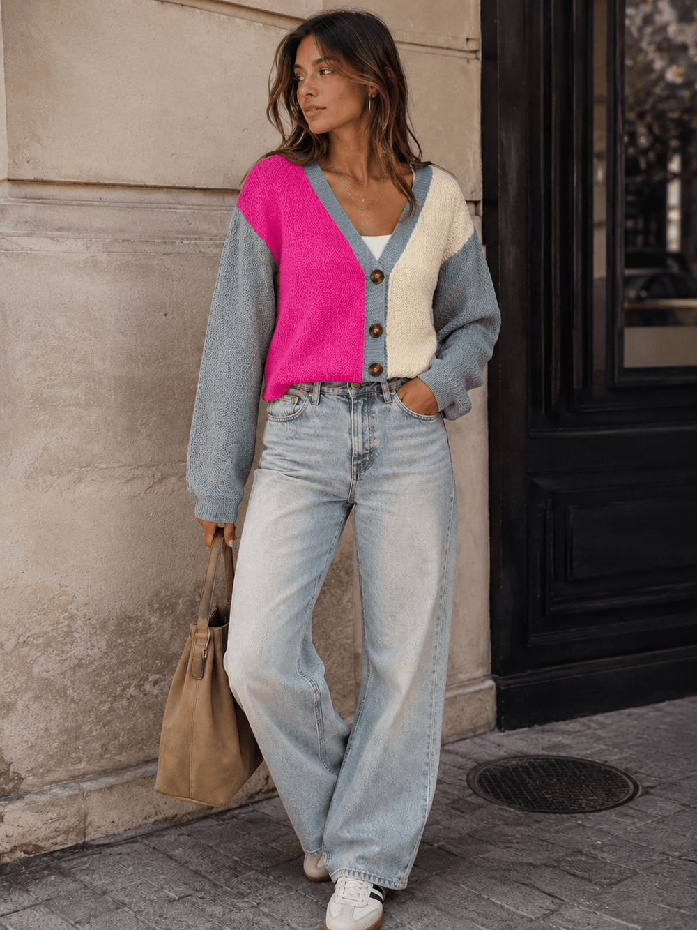 WOMEN'S LONG SLEEVE BUTTON CLOSURE COLORBLOCK KNIT SWEATER