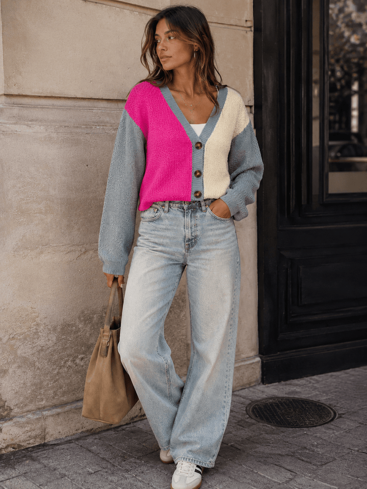 WOMEN'S LONG SLEEVE BUTTON CLOSURE COLORBLOCK KNIT SWEATER