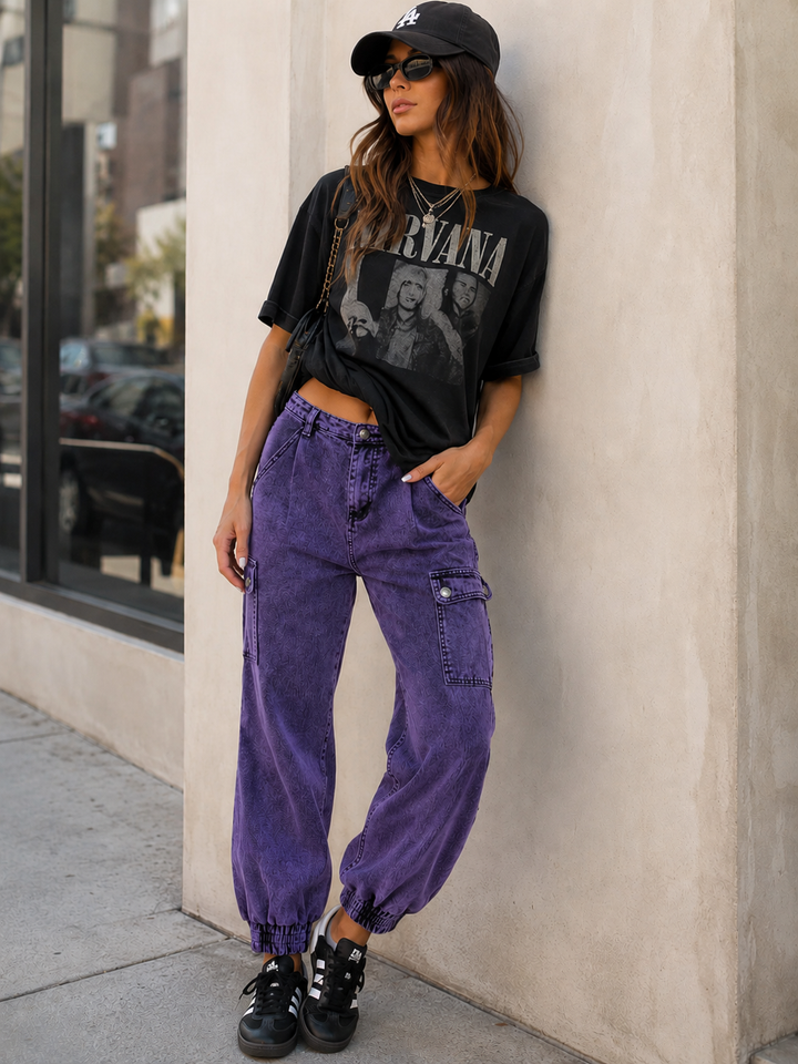 WOMEN'S BUTTON CLOSURE FRONT POCKETS WASHED JOGGER DENIM PANTS